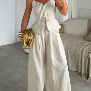 2pcs/Set White Linen Sleeveless Jumpsuit Palazzo Pants